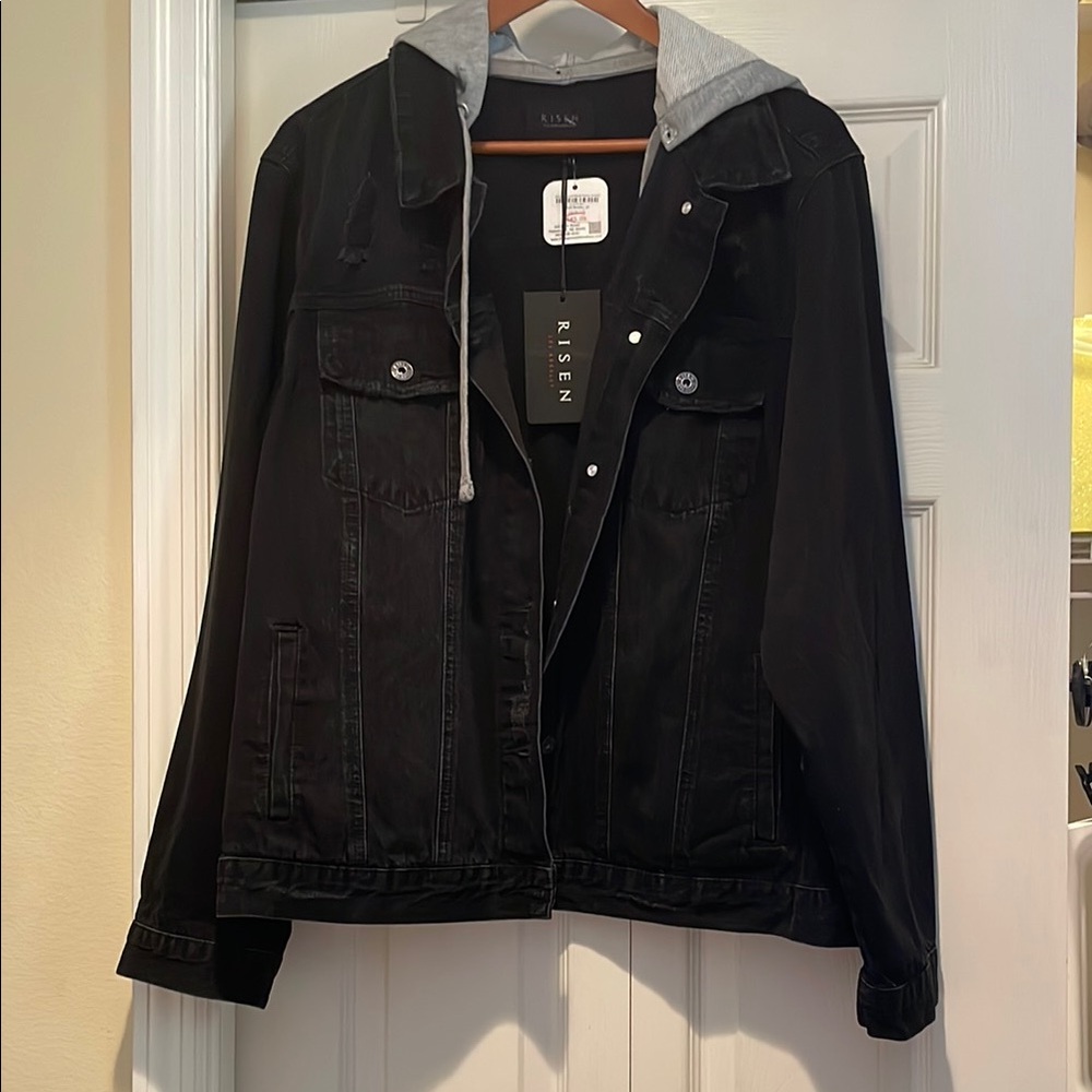 Risen Black Denim Jacket with Removable Gray Hood